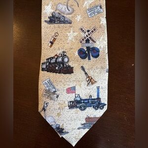 Tango Max Raab Vintage Americana Series Train And Railroad Themed Cream Silk Tie